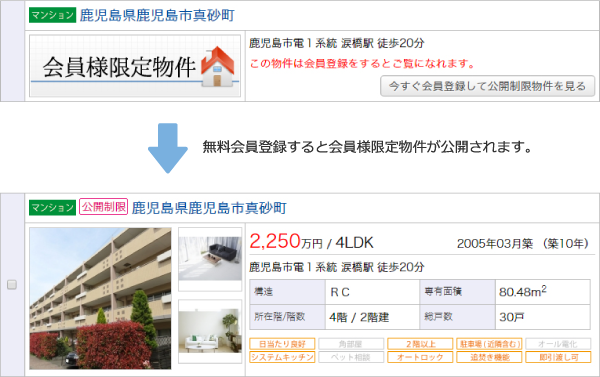 会員限定の会員限定物件画面イメージ